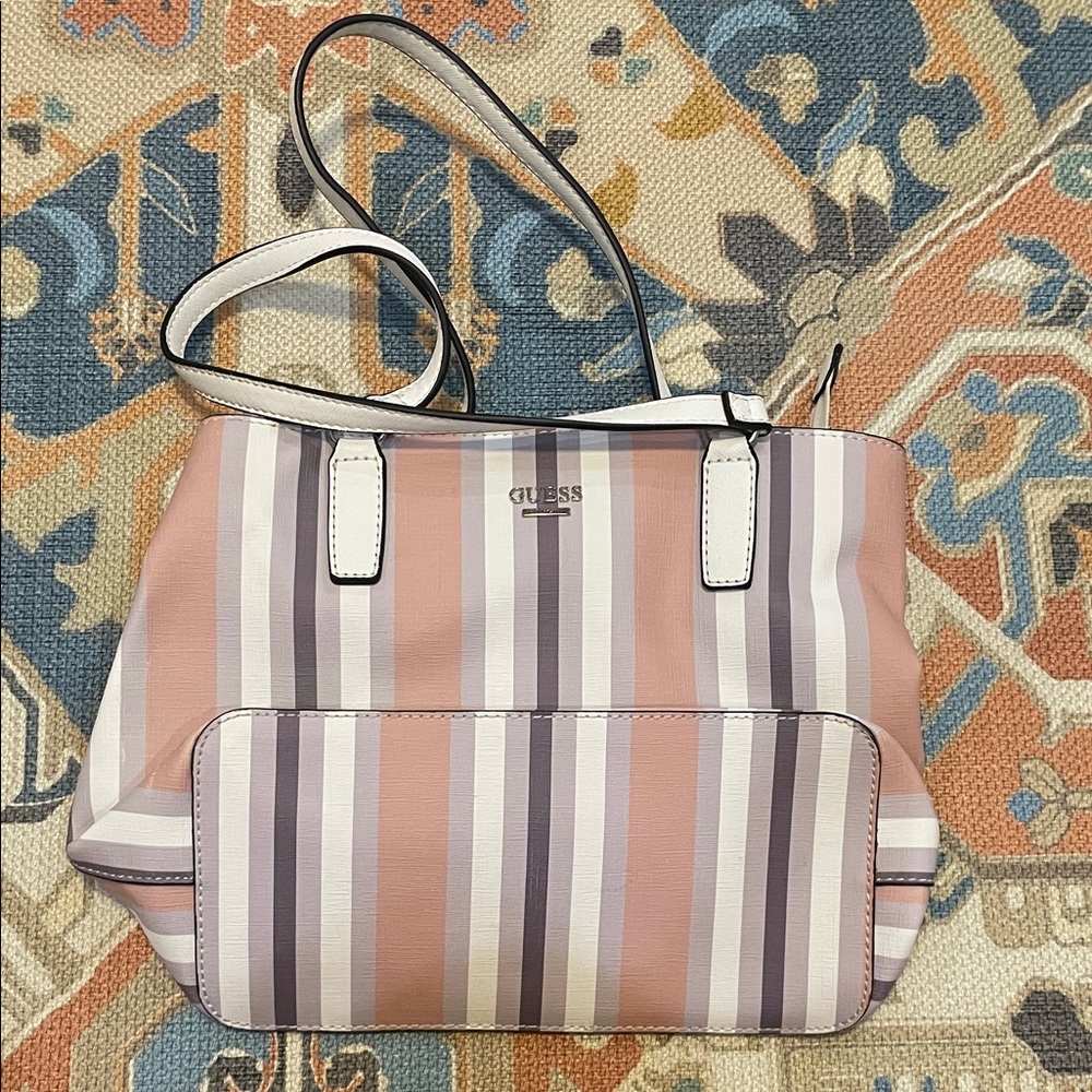 Guess Pink and White Striped Shoulder Bag